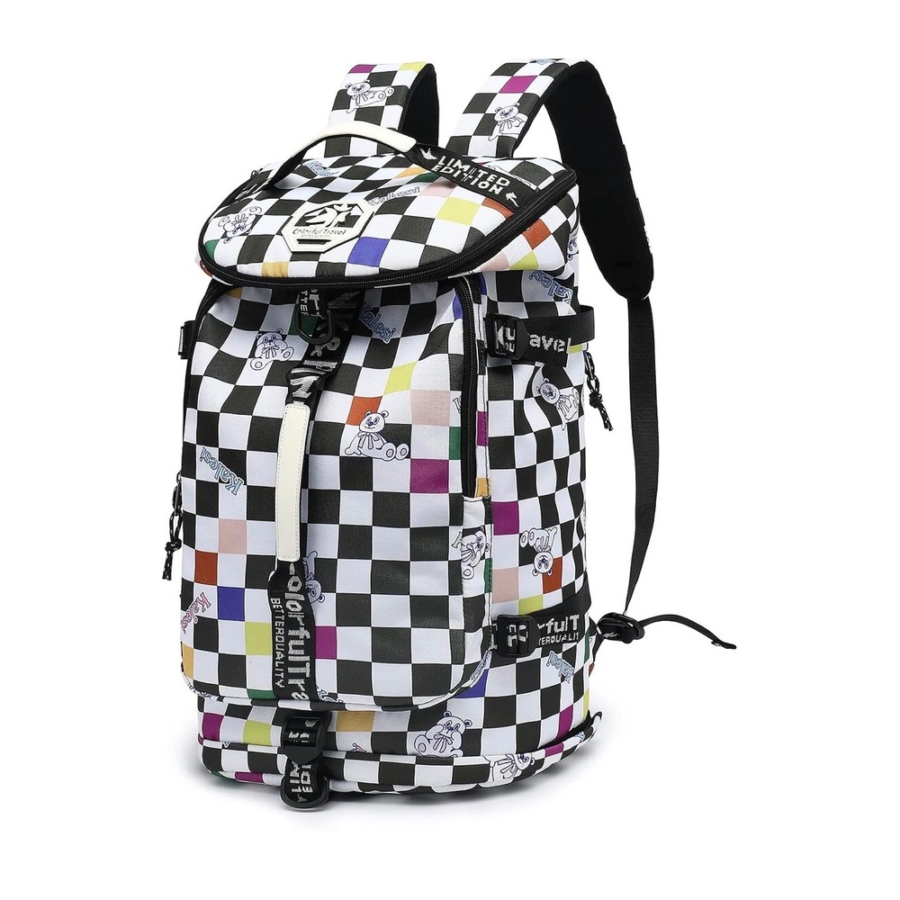 Kalesi Convertible Backpack Duffel Large Multicolor Checkered‎ Teddy Bear 20in